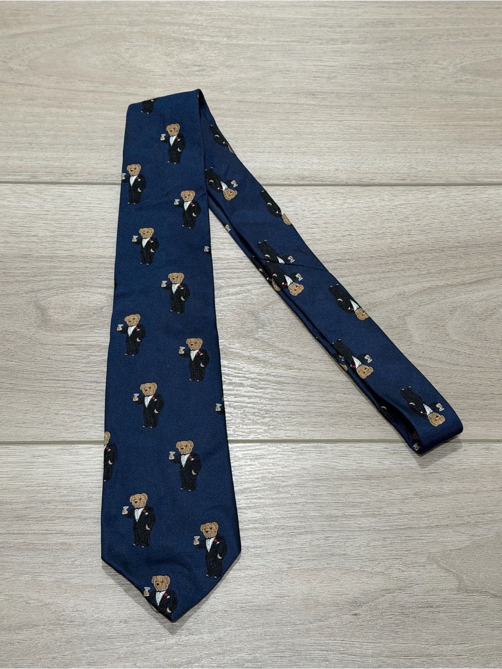 RALPH LAUREN POLO TUXEDO BEAR SILK TIE NAVY BLUE HANDMADE IN ITALY VINTAGE